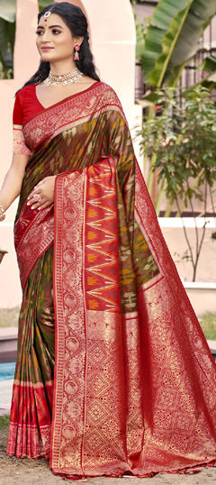 Green, Red and Maroon color Saree in Silk fabric with Weaving, Zari work