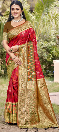 Gold, Red and Maroon color Saree in Silk fabric with Weaving, Zari work