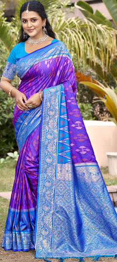 Blue, Purple and Violet color Saree in Silk fabric with Weaving, Zari work