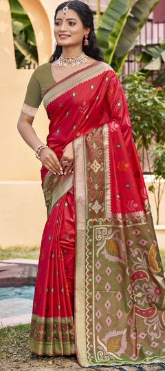 Green, Red and Maroon color Saree in Silk fabric with Weaving, Zari work