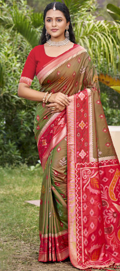 Green, Red and Maroon color Saree in Silk fabric with Weaving, Zari work