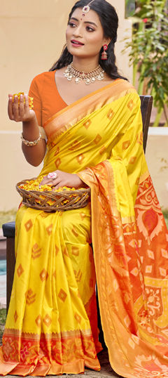 Orange, Yellow color Saree in Silk fabric with Weaving, Zari work