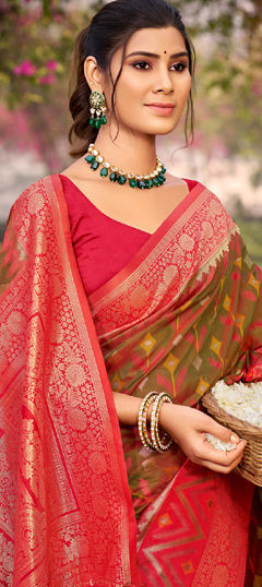 Green, Red and Maroon color Saree in Silk fabric with Weaving, Zari work