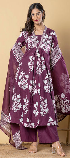 Red and Maroon color Salwar Kameez in Cotton fabric with Bugle Beads, Floral, Printed work