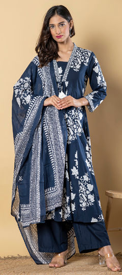 Blue color Salwar Kameez in Cotton fabric with Bugle Beads, Floral, Printed work