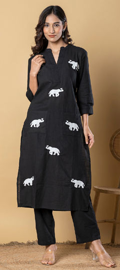Black and Grey color Salwar Kameez in Cotton Flex fabric with Embroidered, Resham, Thread work