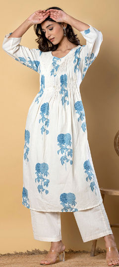 White and Off White color Salwar Kameez in Cotton Flex fabric with Pleats, Printed, Sequence work