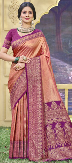 Orange color Saree in Banarasi Silk fabric with Weaving, Zari work