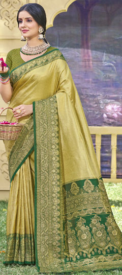 Gold color Saree in Banarasi Silk fabric with Weaving, Zari work