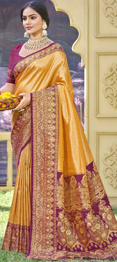 Yellow color Saree in Banarasi Silk fabric with Weaving, Zari work