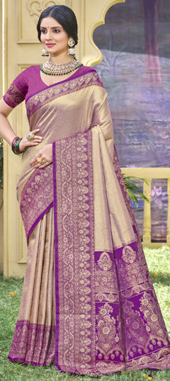 Beige and Brown color Saree in Banarasi Silk fabric with Weaving, Zari work