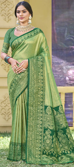 Green color Saree in Banarasi Silk fabric with Weaving, Zari work