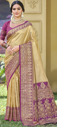 Gold color Saree in Banarasi Silk fabric with Weaving, Zari work