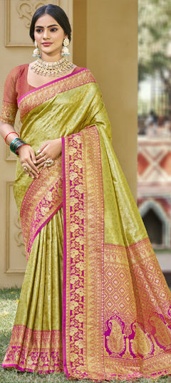 Green color Saree in Banarasi Silk fabric with Weaving, Zari work