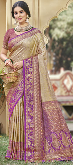 Beige and Brown color Saree in Banarasi Silk fabric with Weaving, Zari work