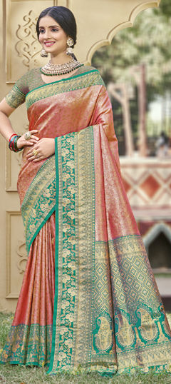 Red and Maroon color Saree in Banarasi Silk fabric with Weaving, Zari work