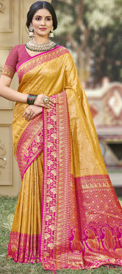 Yellow color Saree in Banarasi Silk fabric with Weaving, Zari work