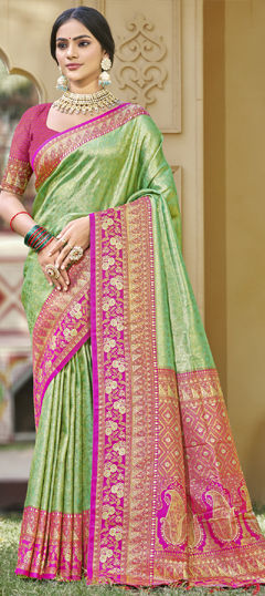 Green color Saree in Banarasi Silk fabric with Weaving, Zari work