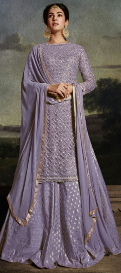 Purple and Violet color Long Lehenga Choli in Net fabric with Embroidered, Stone, Thread work