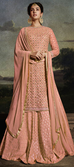 Pink and Majenta color Long Lehenga Choli in Net fabric with Embroidered, Stone, Thread work