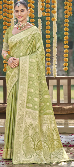 Green color Saree in Satin Silk fabric with Weaving, Zari work