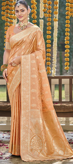 Beige and Brown color Saree in Satin Silk fabric with Weaving, Zari work