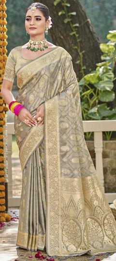 Gold color Saree in Satin Silk fabric with Weaving, Zari work