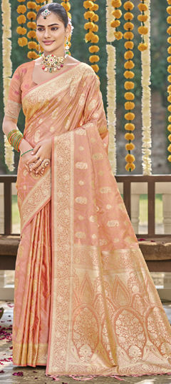 Pink and Majenta color Saree in Satin Silk fabric with Weaving, Zari work