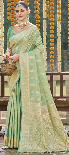 Green color Saree in Satin Silk fabric with Weaving, Zari work