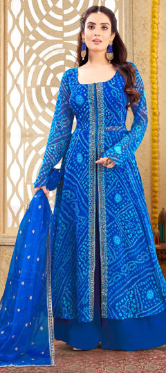 Blue color Salwar Kameez in Georgette fabric with Bandhej, Embroidered, Printed, Sequence, Thread work