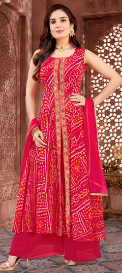 Red and Maroon color Salwar Kameez in Georgette fabric with Bandhej, Embroidered, Printed, Sequence, Thread work