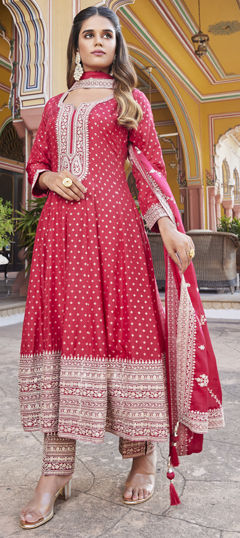 Red and Maroon color Salwar Kameez in Silk fabric with Embroidered, Sequence, Thread, Zari work