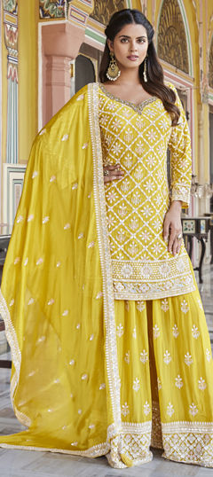 Yellow color Salwar Kameez in Silk fabric with Embroidered, Resham, Sequence, Thread work