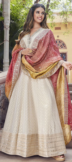 White and Off White color Gown in Silk fabric with Bandhej, Embroidered, Printed, Sequence, Thread work