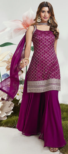 Purple and Violet color Salwar Kameez in Silk fabric with Embroidered, Sequence, Thread, Zari work