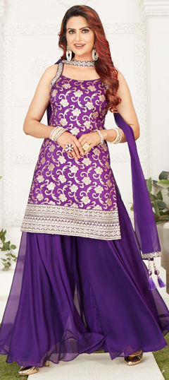 Purple and Violet color Salwar Kameez in Silk fabric with Embroidered, Sequence, Thread, Zari work