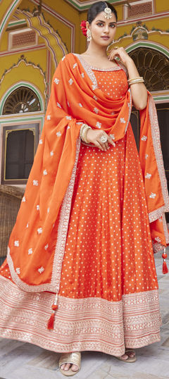 Orange color Gown in Silk fabric with Embroidered, Sequence, Thread work