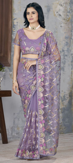 Purple and Violet color Saree in Net fabric with Embroidered, Resham, Thread work