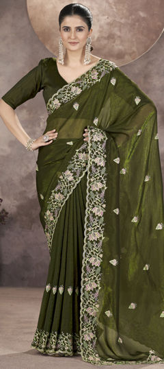 Green color Saree in Art Silk, Silk fabric with Embroidered, Sequence, Thread, Zari work