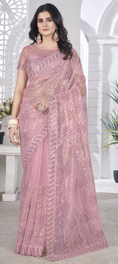 Purple and Violet color Saree in Net fabric with Embroidered, Resham, Sequence, Thread work