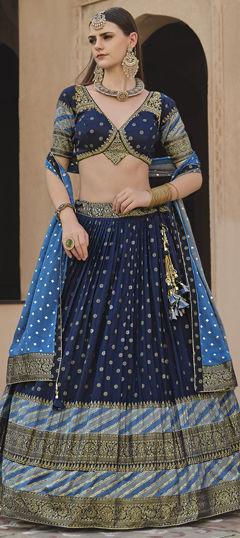 Blue color Lehenga in Silk fabric with Cut Dana, Sequence, Thread, Weaving, Zardozi work