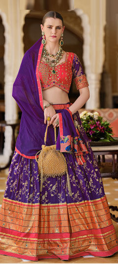 Purple and Violet color Lehenga in Silk fabric with Bugle Beads, Embroidered, Sequence, Thread, Weaving work