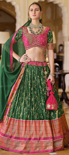 Green color Lehenga in Silk fabric with Bugle Beads, Embroidered, Sequence, Thread, Weaving work