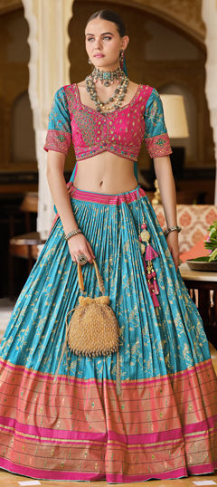 Blue color Lehenga in Silk fabric with Bugle Beads, Embroidered, Sequence, Thread, Weaving work