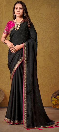 Black and Grey color Saree in Silk fabric with Border, Embroidered, Sequence, Stone, Zari work