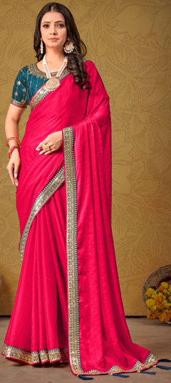 Pink and Majenta color Saree in Silk fabric with Border, Embroidered, Sequence, Stone, Zari work