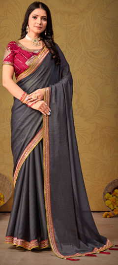 Black and Grey color Saree in Silk fabric with Border, Embroidered, Sequence, Stone, Zari work