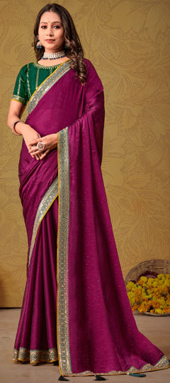 Pink and Majenta color Saree in Silk fabric with Border, Embroidered, Sequence, Stone, Zari work