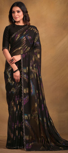 Black and Grey color Saree in Jacquard fabric with Cut Dana, Lace, Printed work