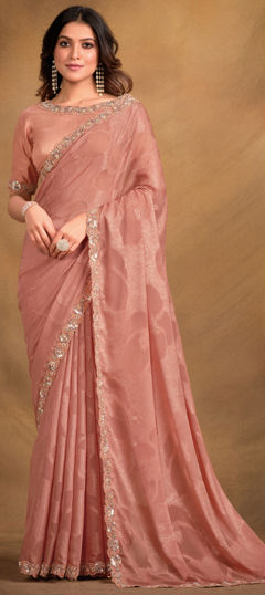 Pink and Majenta color Saree in Georgette fabric with Moti, Sequence, Stone, Thread work